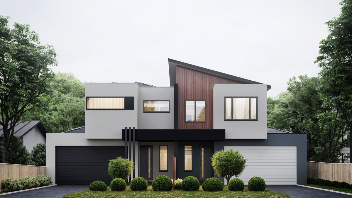 Exterior home design with new siding, landscaping and outdoor lighting